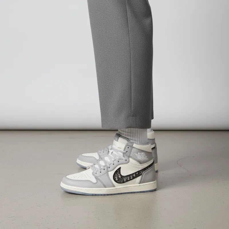 Dior x Jor_dan Air Jor_dan 1 High Og 'White Wolf Grey' High-Top Vintage Basketball Sneakers Unisex White Grey